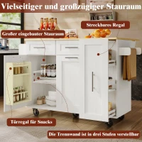 Kücheninsel mit klappbarer Tischplatte, Speisewagen mit Snackregalen und Stretchfunktionsschränken, 134,5 x 46/74 x 90,5 cm, Weiß(m-5)