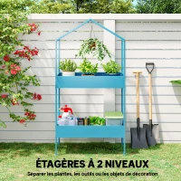 Outsunny Étagère à Plantes 2 Niveaux, Support de Plantes en Métal avec Crochet, Porte-Pots en Forme de Maison, Bleu-Vert(m-5)