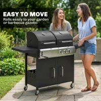Outsunny 2+1 Burner Hybrid Dual Fuel BBQ Gas Grill, 2-in-1 Propane & Charcoal Barbecue Grill Smoker Combo with Wheels, Black(m-9)