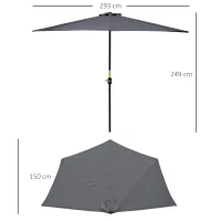 Outsunny Demi parasol parasol de balcon 5 entretoises métal cheminée incluse 2,93 x 1,5 x 2,49 m polyester haute densité gris(m-3)