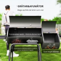 Outsunny Gratar de gradina cu capac si afumator, gratar pe carbune cu rafturi si roti 124x53x104cm, negru(m-7)
