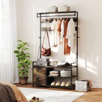 HOMCOM 6-in-1 Garderobenständer mit Schuhregal, Industrie-Stil, 10 Haken, 2 Stoffschubladen, Metall, Braun(m-7)