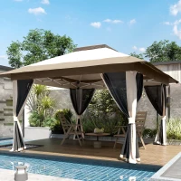 Outsunny Tenda Dobrável 3,6x3,6 m com Laterais de Rede UPF50+ Altura Ajustável Bolsa com Rodas e Sacos de Areia Bege(m-9)