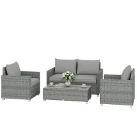 Outsunny 4 Piece Rattan Garden Furniture Set with Loveseat, 2 Armchairs, Glass-Top Table, Wicker Patio Conversation Set, Grey(m-11)