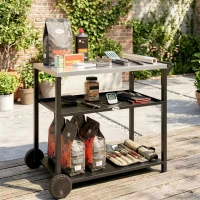 Outsunny Outdoor Grill Cart with Stainless Steel Tabletop for Kitchen Prep, Two-Tier Pizza Oven Stand on Wheels, Black(m-8)