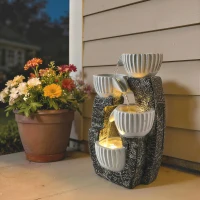 Outsunny 4-Tier Bowl Water Feature, Indoor Outdoor Garden Water Fountain with Pump and LED Lights, Resin Cascading Waterfall(m-9)