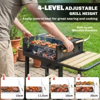Outsunny Grill na węgiel drzewny z 4-stopniową regulacją wysokości rusztu, 2 drewniane półki, 2 kółka, tacka na popiół, 99,5 x 58 x 82 cm(m-5)