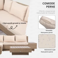 Outsunny Set Living de Gradina din Rattan, 4 Piese, Coltar pentru Exterior cu Perne, Masute Laterale si Masuta de Cafea, Maro Deschis(m-5)