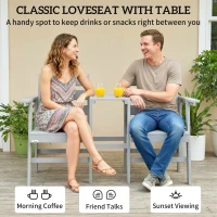 Outsunny Outdoor Garden Loveseat, Embossed Wooden Jack and Jill Garden Seat with Integrated Table, Grey(m-5)