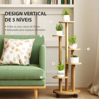 Outsunny Suporte para Plantas em Bambu com Rodas de 5 Níveis Estante Redonda para Plantas para Cantos 33x33x90 cm Madeira(m-4)