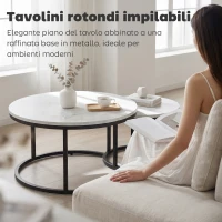 HOMCOM Set 2 Tavolini da Caffè Sovrapponibili Rotondi in Metallo e MDF Effetto Marmo, Grigio e Nero(m-4)