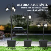 Outsunny Candeeiro Solar de Jardim com Floreiras 3 Cabeças Impermeável IP44 Ligação/Desligamento Automático e Altura Ajustável 52x52x185 cm Preto(m-8)