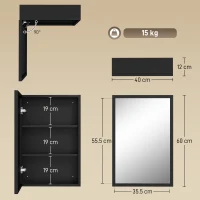 kleankin Specchiera Bagno in Acciaio con Armadietto a 3 Ripiani e Chiusura Ammortizzata, 40x12x60 cm, Nero(m-3)