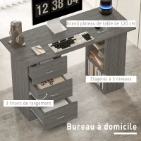 HOMCOM Bureau d'ordinateur réversible, table informatique avec 3 tiroirs et 3 étagères ouvertes, 120 x 49 x 72 cm, gris(m-4)