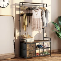 HOMCOM 6-in-1 Garderobenständer mit Schuhregal, Industrie-Stil, 10 Haken, 2 Stoffschubladen, Metall, Braun(m-2)