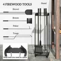 Outsunny 5 Pieces Fireplace Companion Set, Metal Fireplace Accessories Fireside Companion Set with Brush, Shovel, Poker, A Pair of Tongs, Stand, Black(m-4)