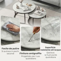 HOMCOM Set 2 Tavolini da Caffè Sovrapponibili Rotondi in Metallo e MDF Effetto Marmo, Grigio e Nero(m-6)