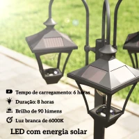 Outsunny Candeeiro Solar de Jardim com Floreiras 3 Cabeças Impermeável IP44 Ligação/Desligamento Automático e Altura Ajustável 52x52x185 cm Preto(m-4)