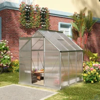 Outsunny Serre de jardin 3,6 m² en aluminium polycarbonate avec fondation, 190 x 190 x 200 cm, serre avec fenêtre réglable porte coulissante, abri extérieur résistant aux intempéries, argent(m-10)