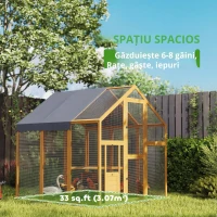 PawHut Coteț pentru găini 3,07 m² tarc exterior din lemn cu husă impermeabilă, încuietoare de siguranță, pentru 6-8 găini 1,7 x 1,8 x 1,8 m(m-6)