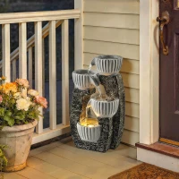 Outsunny 4-Tier Bowl Water Feature, Indoor Outdoor Garden Water Fountain with Pump and LED Lights, Resin Cascading Waterfall(m-8)