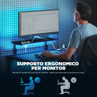 HOMCOM Scrivania Gaming Angolare con LED, Prese Elettriche, Supporto per Monitor e Scaffale, Nero(m-7)