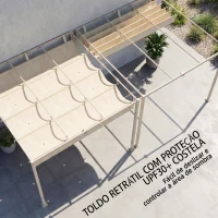 Outsunny Pérgola de Parede para Jardim 3x3 m com Teto Retrátil Proteção UPF30+ e Drenagem, Pérgola para Exterior Bege(m-5)