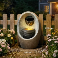 Outsunny Water Feature with 2-Tier Bowls, Garden Water Fountain with Pump and LED Lights, Resin Cascading Waterfall(m-3)