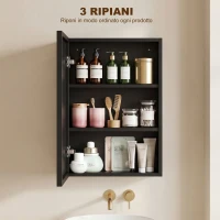 kleankin Specchiera Bagno in Acciaio con Armadietto a 3 Ripiani e Chiusura Ammortizzata, 40x12x60 cm, Nero(m-4)