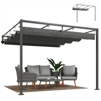 Outsunny Pérgola de Pared de Jardín 3x3 m con Techo Retráctil Protección UPF30+ Drenaje Cenador de Jardín para Exterior Gris(m-10)