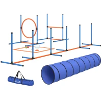PawHut Dog Agility Equipment, 8PCS Agility Training Set with Tunnel, Weave Poles, Adjustable Hurdles, Jump Ring(m-11)