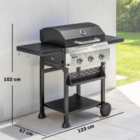 Outsunny Grill gazowy 9 kW 3 palniki BBQ wózek ze stali nierdzewnej ze składanymi półkami, uchwytem na przyprawy, dolną półką i 6 haczykami(m-3)
