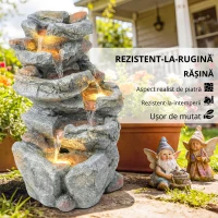 Outsunny Fântână de exterior cu design de rocă în 6 niveluri, cascadă de apă cu lumini LED, debit reglabil, gri(m-3)