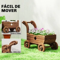 Outsunny Carrinho de Madeira Decorativo Vaso Elevado com 4 Rodas Pega Orifícios de Drenagem 68x38x52 cm Carbonizado(m-6)