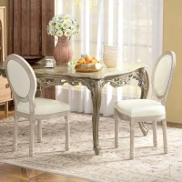 HOMCOM Lot de 2 chaises de salle à manger médaillon style Louis XVI bois massif patiné assise revêtement synthétique crème(m-11)