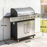 Outsunny Grill gazowy 18,6 kW 6+1 palników BBQ wózek grillowy ze stali nierdzewnej z kółkami, termometrem, półką podgrzewającą, bocznymi stolikami i szafką(m-3)
