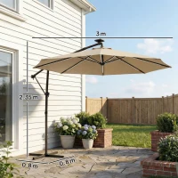 Outsunny 3 m Garden Cantilever Parasol with LED Solar Light, Round Overhanging Umbrella with 360° Rotation, Cover, Khaki(m-3)