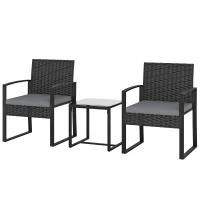 Outsunny Conjunto de Móveis de Exterior de 3 Peças em Vime PE com Cadeiras Mesa de Vidro Temperado e Almofadas Cinza Claro(m-11)