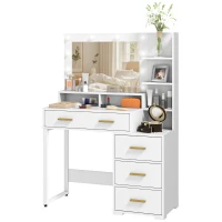 HOMCOM Tavolo da Trucco in Legno con 4 Cassetti, 6 Ripiani Aperti e Specchio, 100x40x138 cm, Bianco(m-11)