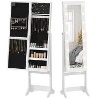 HOMCOM Espejo Joyero de Pie con 16 Luces LED y Ángulo Ajustable Organizador de Joyas con Estantes 36x30x136 cm Blanco Cálido(m-11)