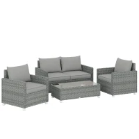 Outsunny 4 Piece Rattan Garden Furniture Set with Loveseat, 2 Armchairs, Glass-Top Table, Wicker Patio Conversation Set, Grey(m-1)
