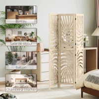 HOMCOM Paravent interieur en bois 3 panneaux 120 x 170 cm, pliable et portable, motif de feuille, design amovible, bois naturel(m-8)