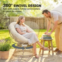Outsunny Fotel Papasan 360° obrotowy z poduszką stalowa rama okrągły fotel z rattanu fotel wypoczynkowy kremowy(m-4)