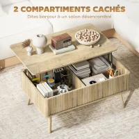 HOMCOM Table basse relevable, table de salon avec 2 compartiments cachés et pieds en pin, 91 x 56 x 43 cm, chêne(m-5)