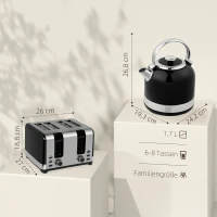 HOMCOM Zestaw Czajnik i Toster, 7 stopni opiekania, 1,7 L, Tworzywo sztuczne, Stal nierdzewna, Czarny(m-3)