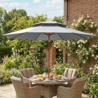 Outsunny 2.7 m Garden Parasol with Double Top Outdoor Market Table Umbrella with Crank System, Light Grey(m-8)