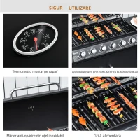 Outsunny Gratar pe Gaz cu Capac, 7 Arzatoare de 20 kW in total si Arzator Lateral, Termometru, Raft si 2 Roti, 135x50x100cm Negru(m-6)