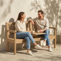 Outsunny Wooden Garden Loveseat with Liftable Table & Shelf, 2-3-Seater Outdoor Bench, Fir Wood Jack and Jill Garden Seat, Teak(m-8)