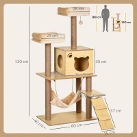 PawHut 130cm Cat Tree for Indoor Cats, Multi-Level Plush Cat Tower, with Five Scratching Posts, Two Perches, Cat House, Hammock(m-3)