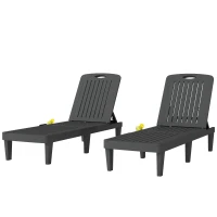 Outsunny Lot de 2 chaises longues de jardin en plastique PP avec plateau latéral, inclinables à 5 positions, gris(m-1)